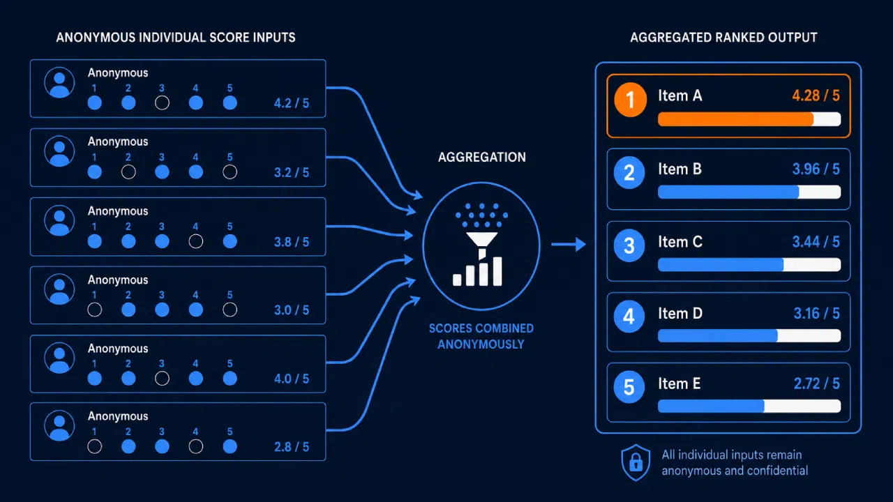 Anonymous scores aggregated into ranked results dashboard