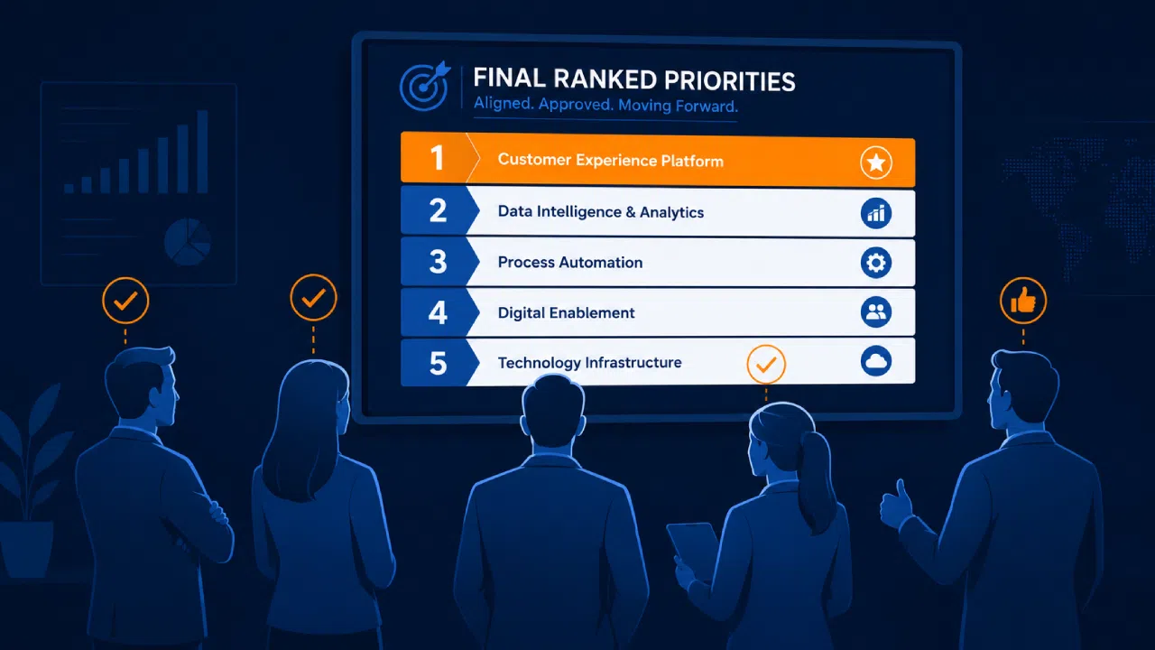 Team reviewing final ranked business priorities presentation