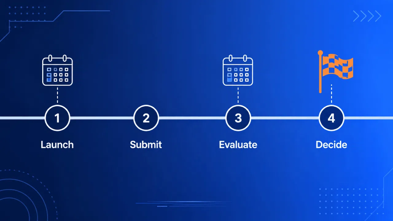 Four-step timeline: Launch, Submit, Evaluate, Decide