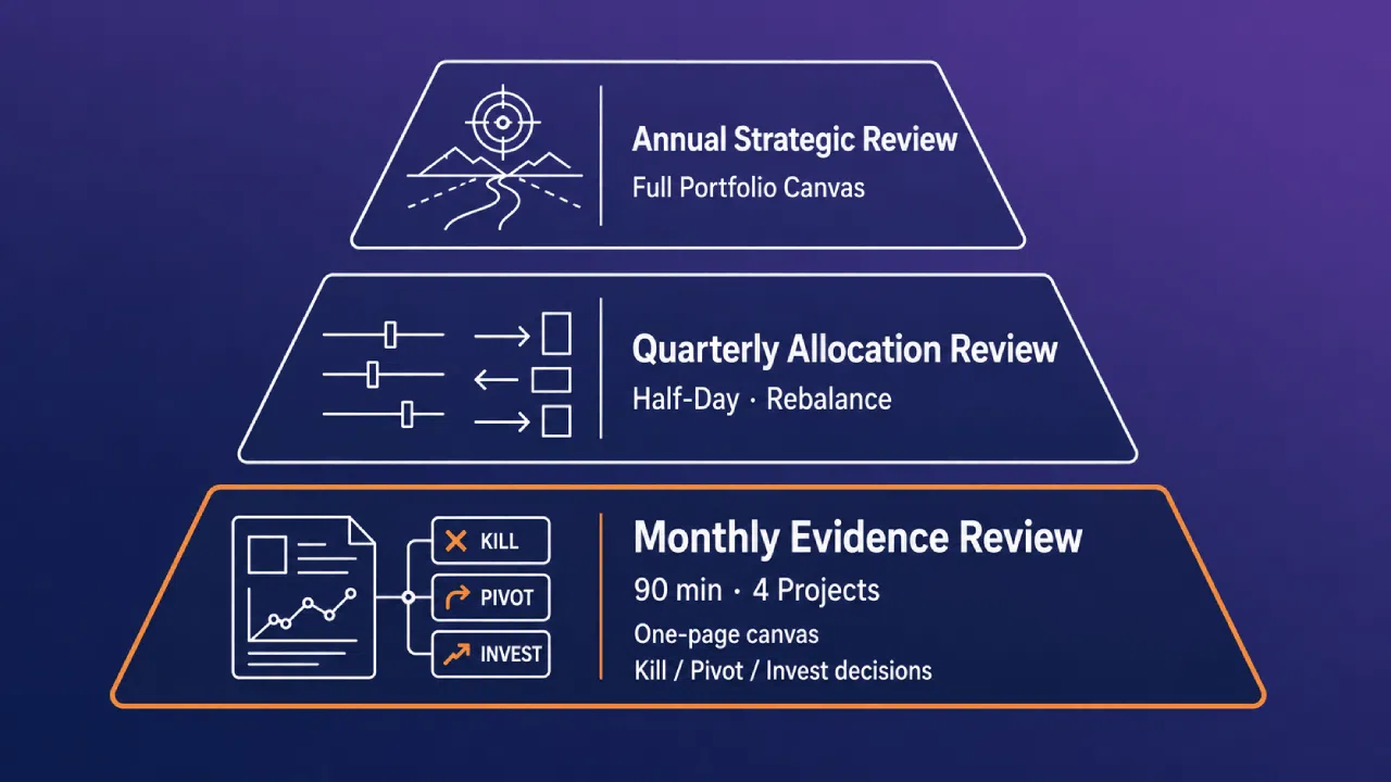 Three-tier strategic review process infographic