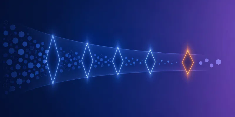definition of done project funnel stages featured Glowing diamond shapes along blue abstract pathway