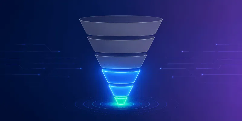 Diagramme en entonnoir à plusieurs niveaux lumineux sur fond bleu « tech »