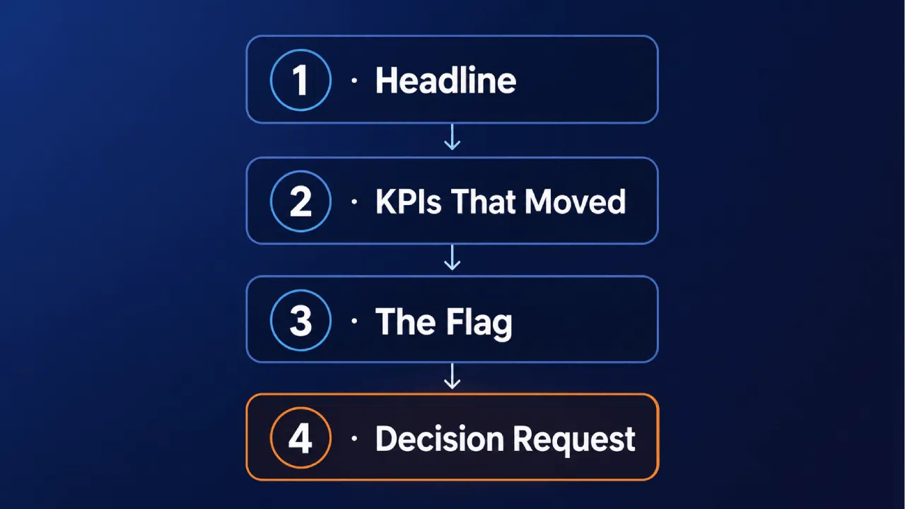 Four-step presentation flowchart with headline and KPIs