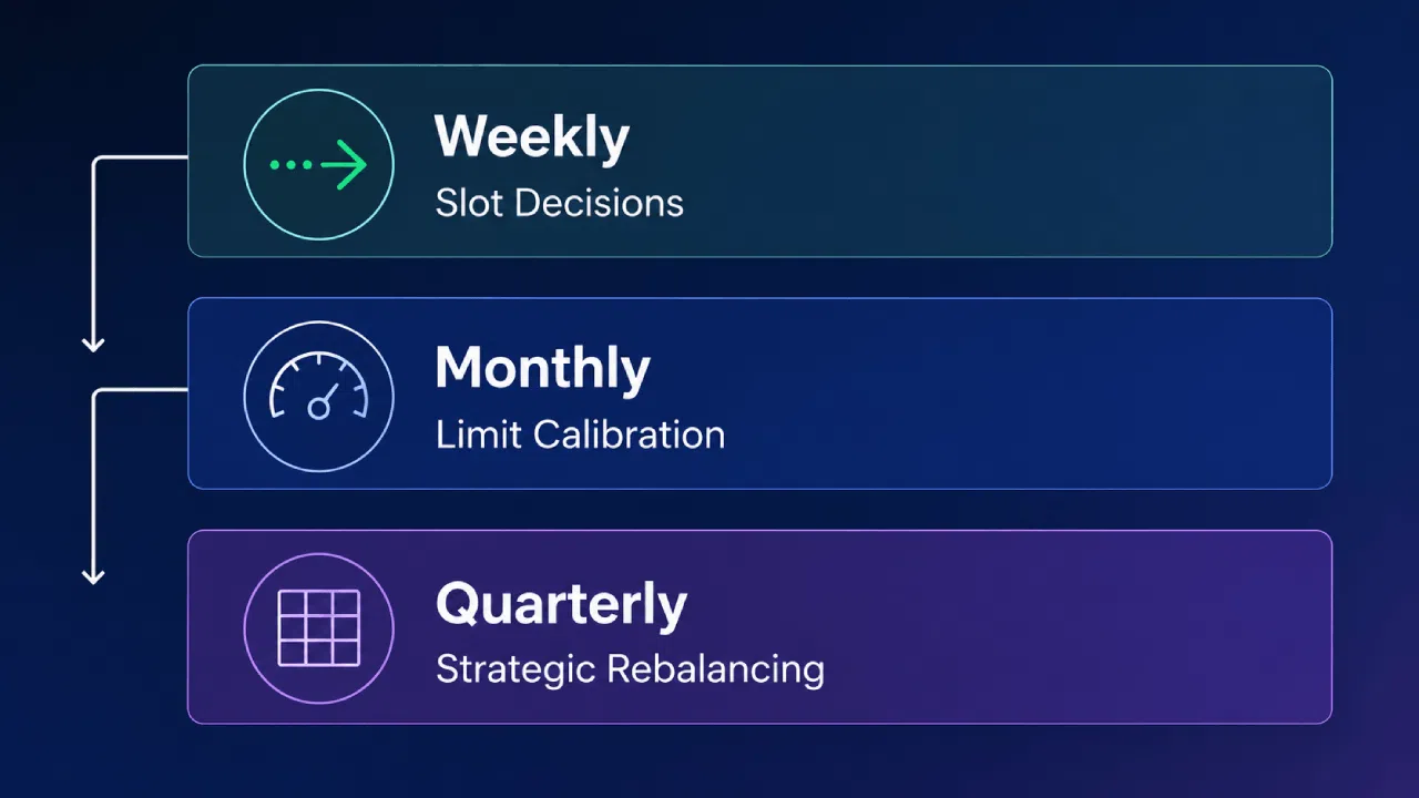 Weekly, monthly, and quarterly decision workflow diagram