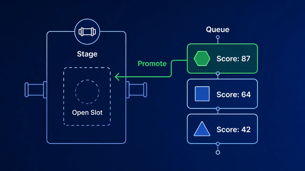 Queue promotion workflow with scored items diagram