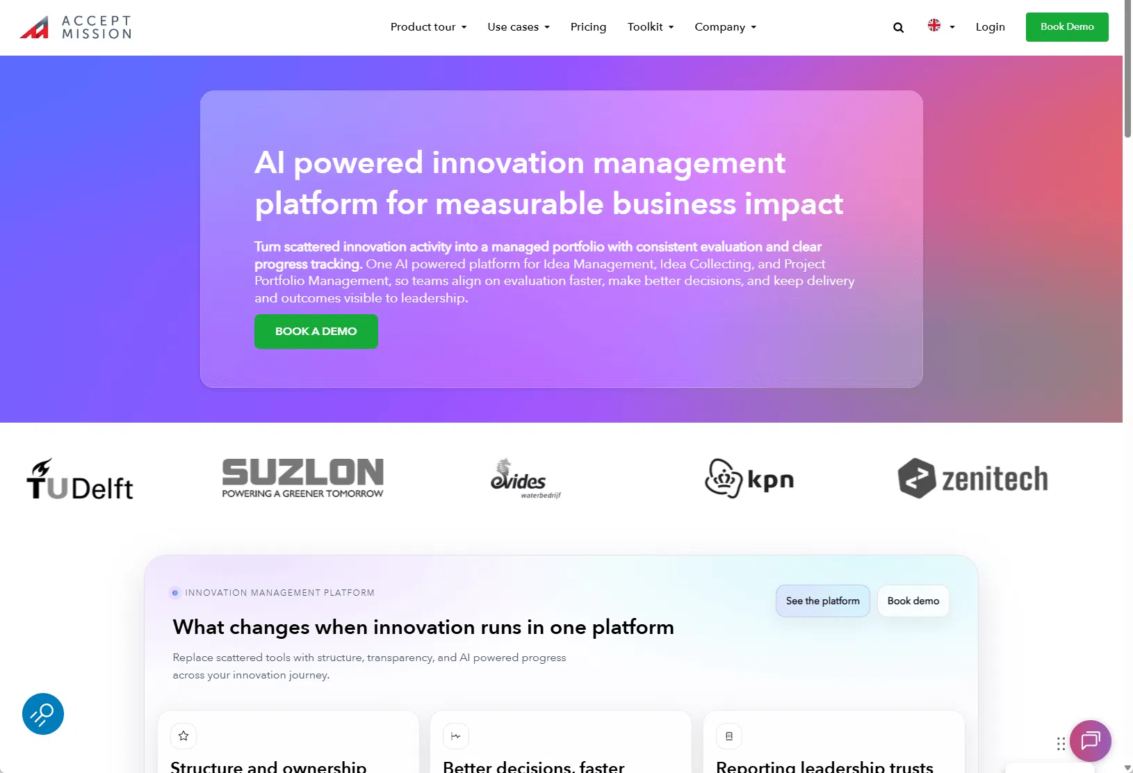 Section d'en-tête de la page d'accueil de la plateforme de gestion de l'innovation basée sur l'IA