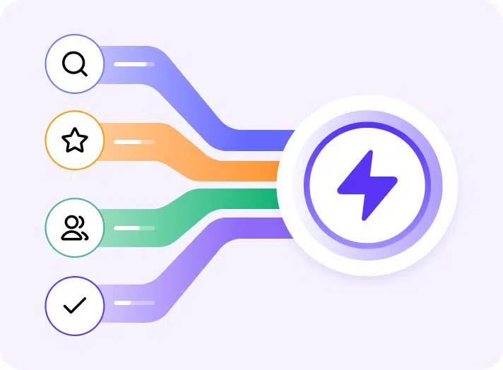 better decisions Colorful workflow icons converging into lightning bolt symbol