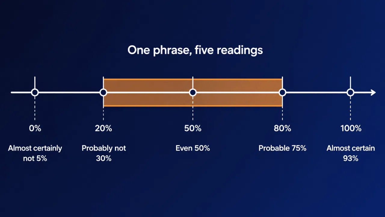 Waarschijnlijkheidsschaal met verschillende interpretaties van 0% tot 100%