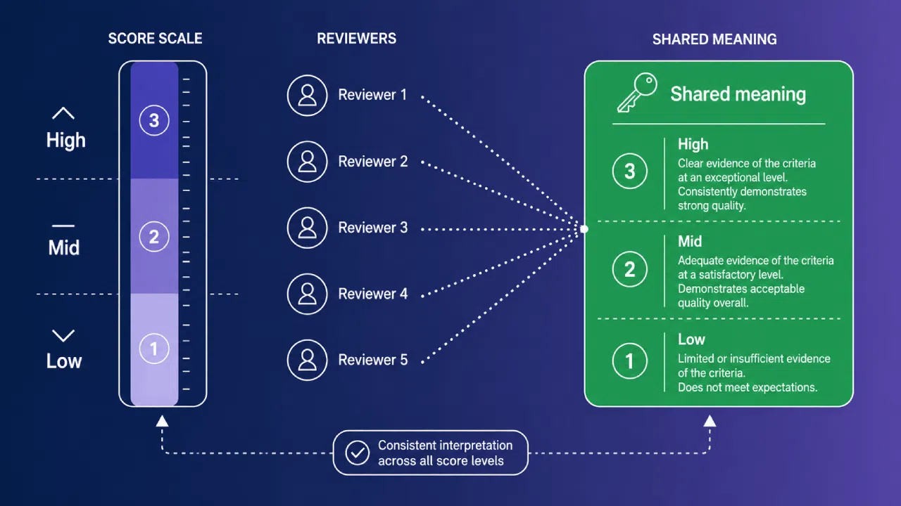 Scoring scale infographic with reviewers and shared meaning levels