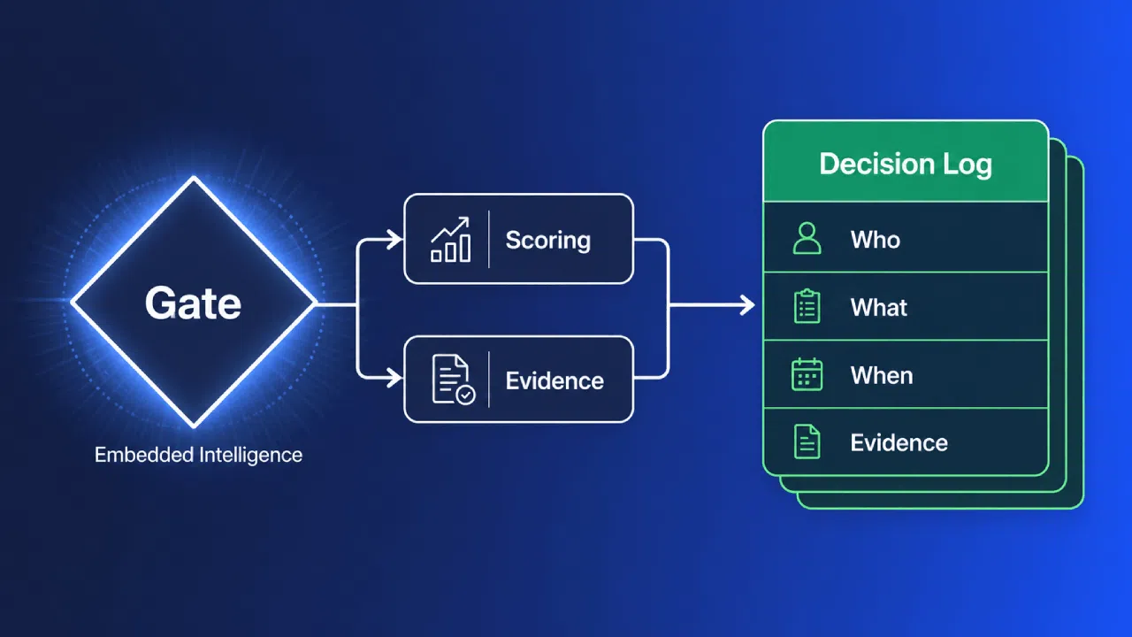 Decision workflow with gate, scoring, and log
