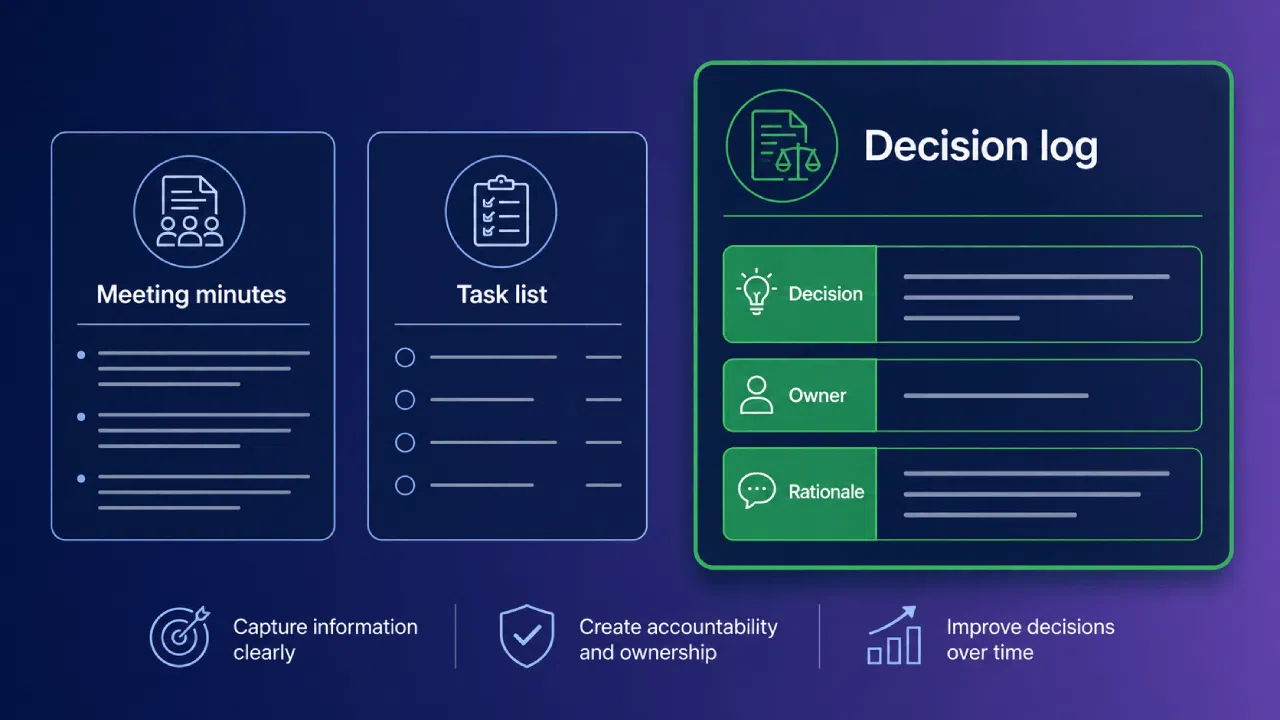 Decision log interface with meeting minutes and tasks