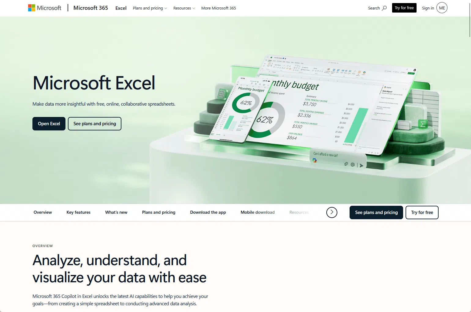 Page Web Microsoft Excel présentant des graphiques budgétaires sur différents appareils