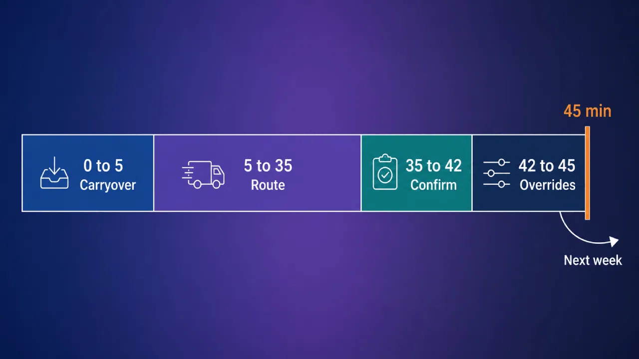 Tijdschema van de workflow, van overdracht tot overschrijvingen: 45 minuten