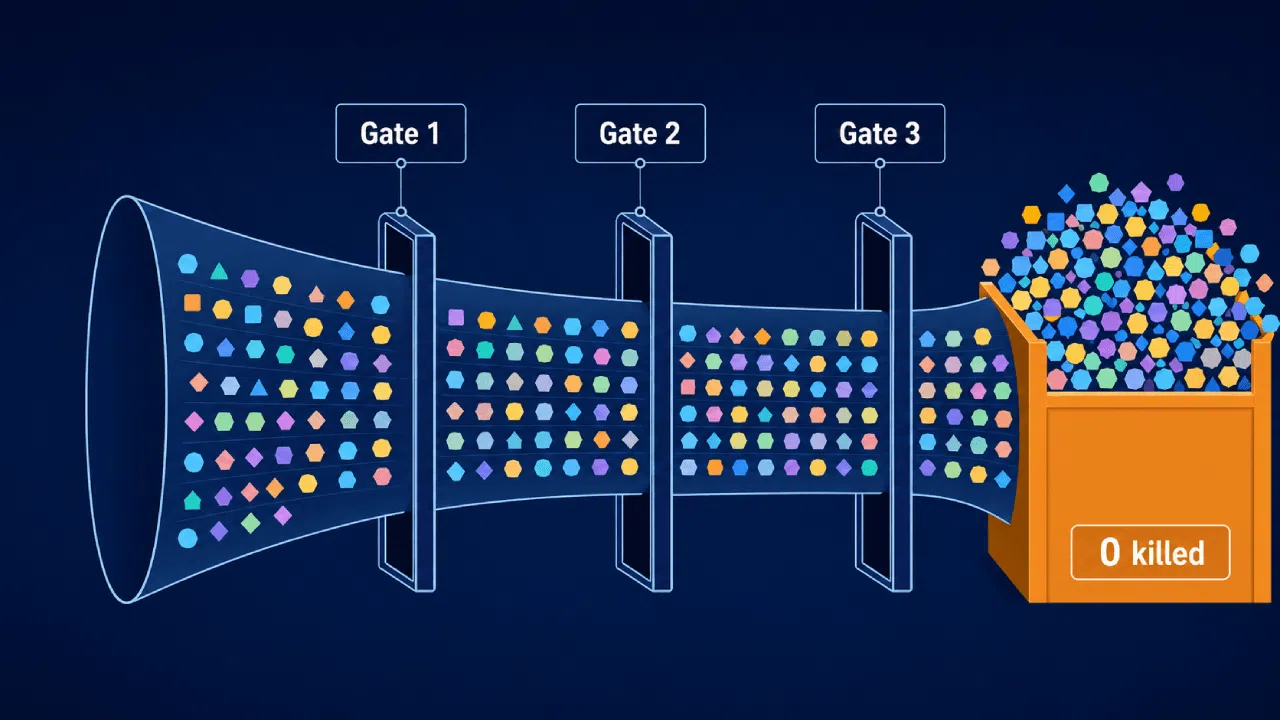 Illustration of funnel with three gates filtering shapes