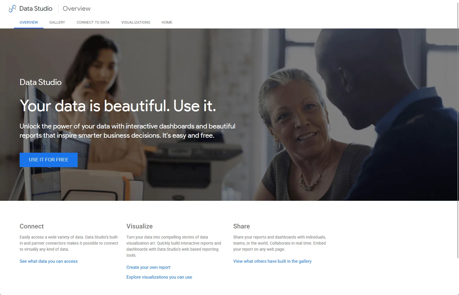 Page web de présentation de Data Studio avec bannière promotionnelle