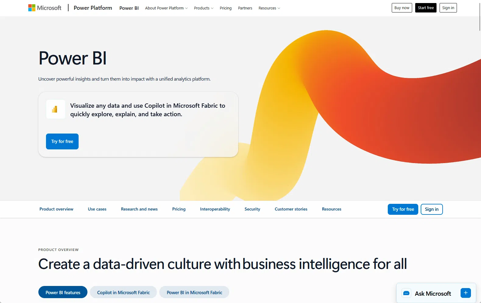 Page d'accueil de Microsoft Power BI présentant une vue d'ensemble de la plateforme d'analyse
