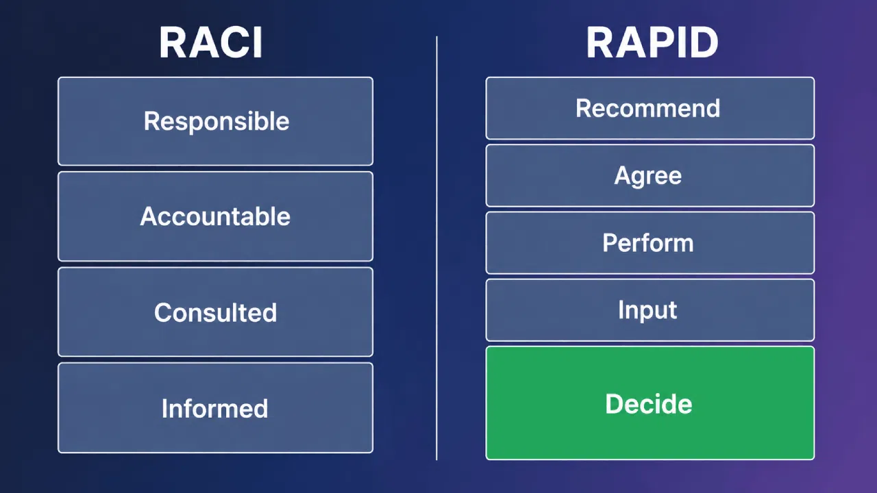 RACI and RAPID responsibility frameworks comparison chart