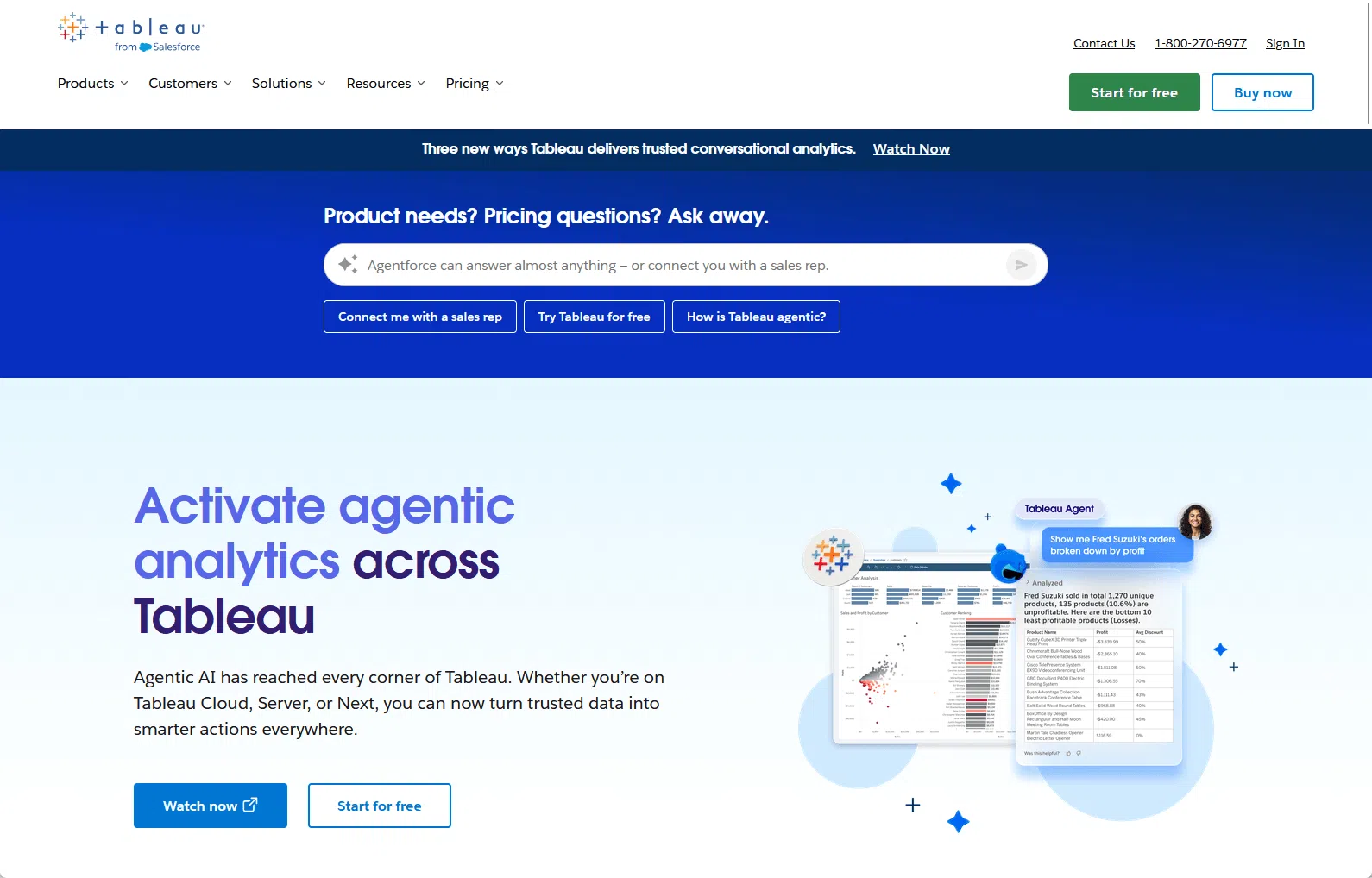 Site web de Tableau présentant les fonctionnalités d'analyse axée sur l'agent