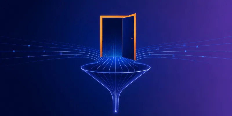 the front door problem featured Glowing open door with digital data streams