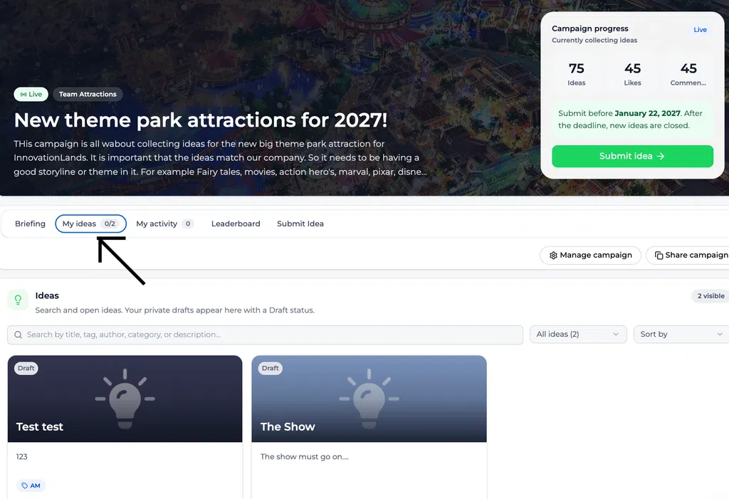 Painel de controlo da campanha do parque temático, com uma seta a destacar o separador «As minhas ideias»