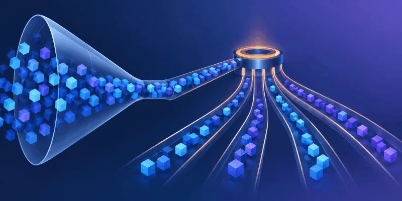 une gouvernance sans goulots d'étranglement mise en avant Des cubes bleus et violets s'écoulent à travers un entonnoir pour rejoindre des canaux