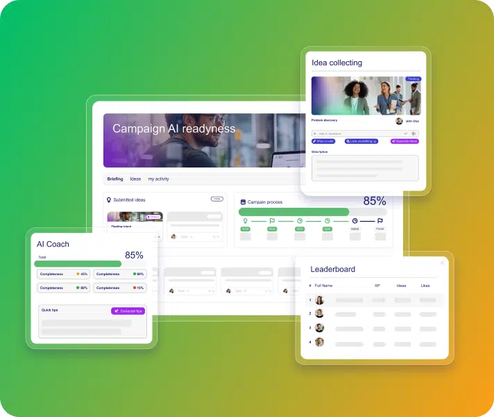 AI campaign dashboard with idea, progress, and leaderboard panels