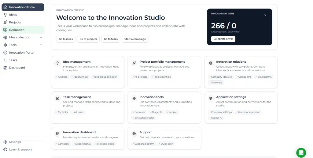 Tableau de bord d'Innovation Studio avec gestion des idées, des projets et des tâches