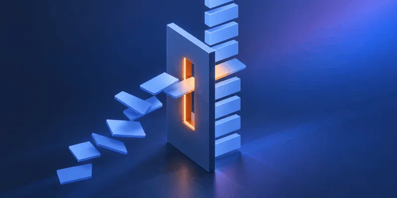 Puerta de acceso digital luminosa con bloques de datos azules flotantes