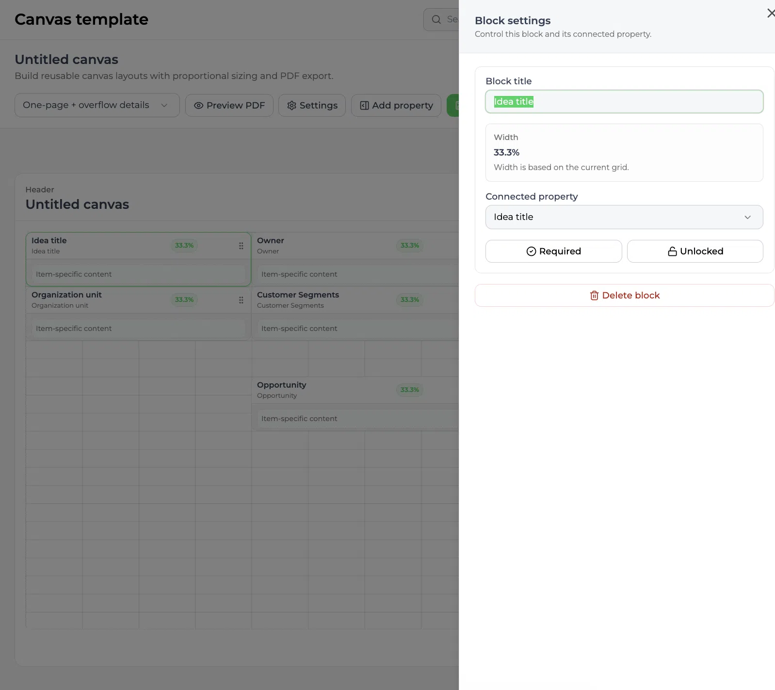 Editor de lienzo con el panel de configuración del bloque de título de Idea