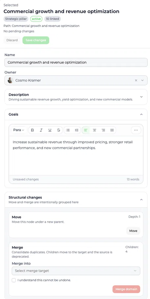 Interface d'édition de domaines de croissance commerciale avec objectifs et options de fusion