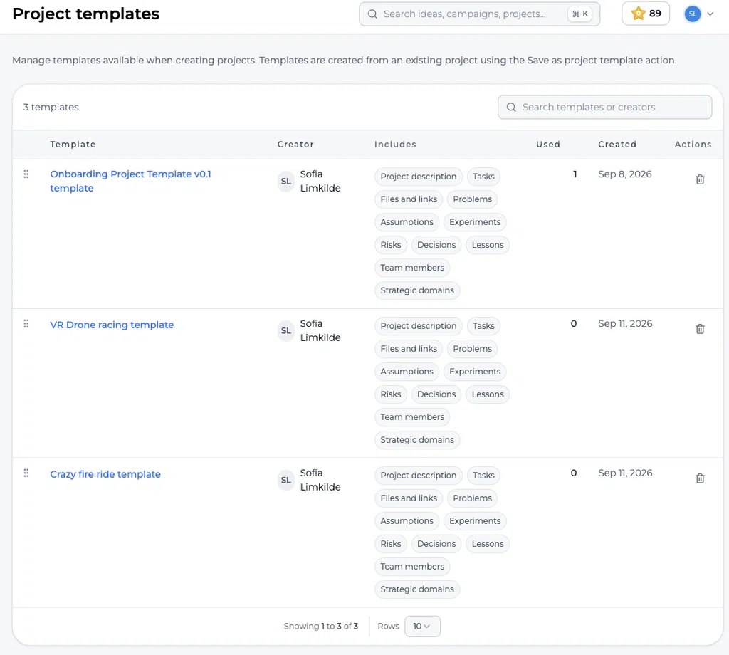 Lista de modelos de projeto com três modelos e respetivos detalhes