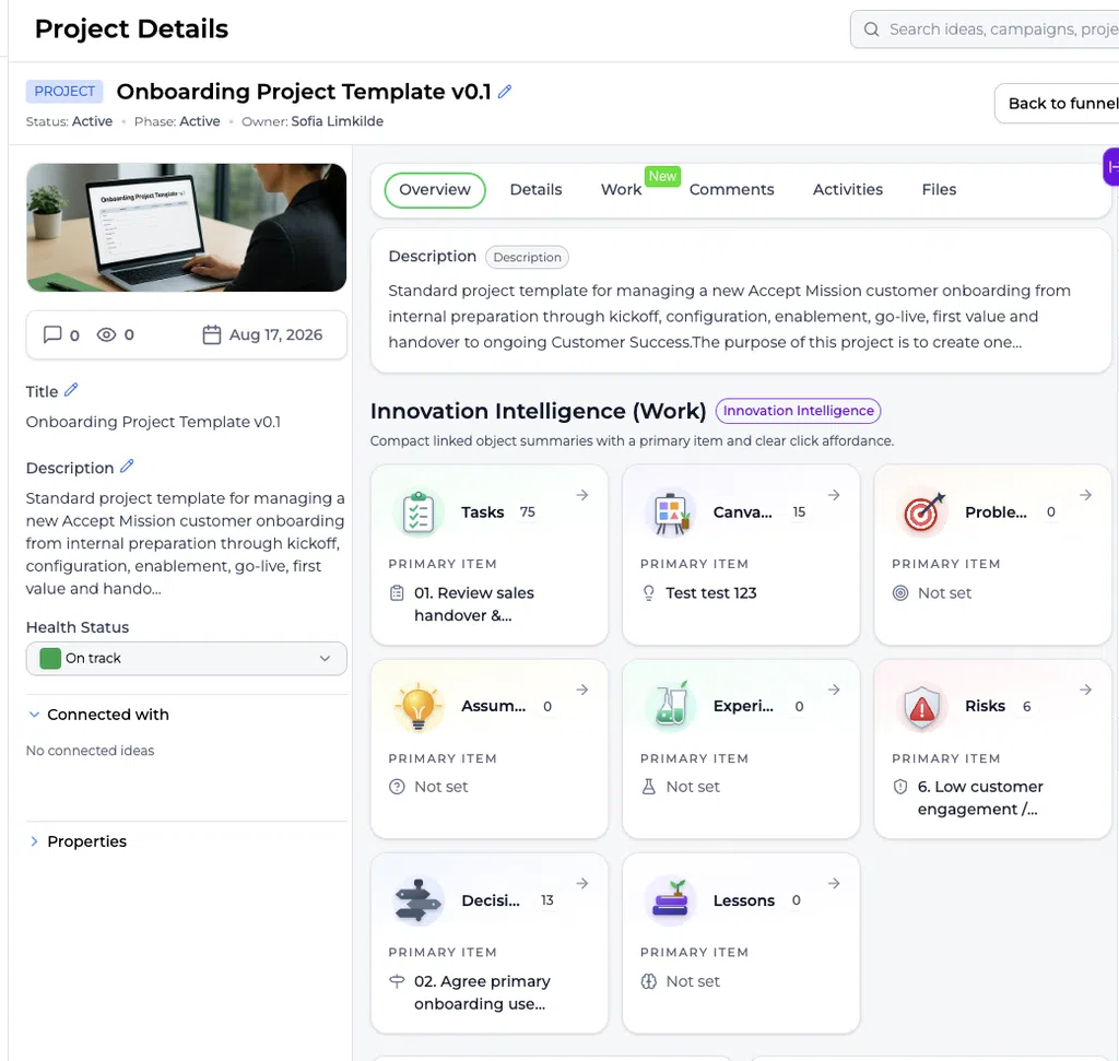Painel de detalhes do projeto para o modelo de projeto de integração