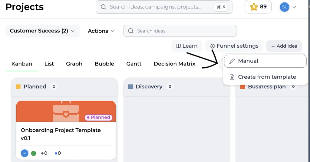 Quadro de projeto Kanban com o menu «Adicionar ideia» aberto