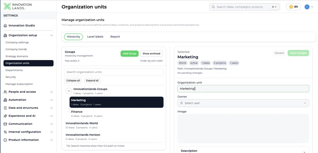 Página de definições da hierarquia das unidades organizacionais, com a opção «Marketing» selecionada