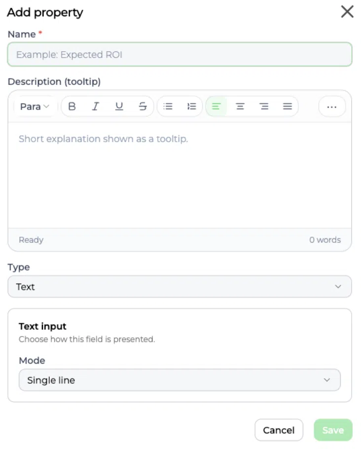 Adicionar formulário de propriedade com definições do campo de texto