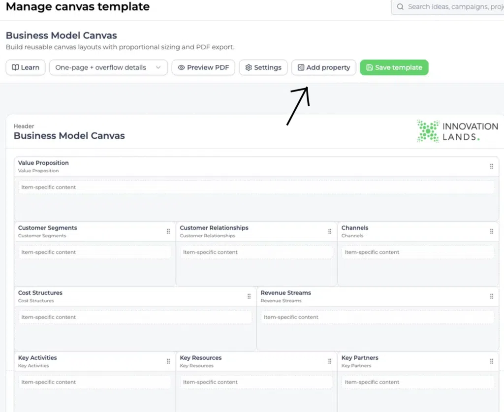 Editor de modelos do Business Model Canvas com o botão «Guardar modelo»