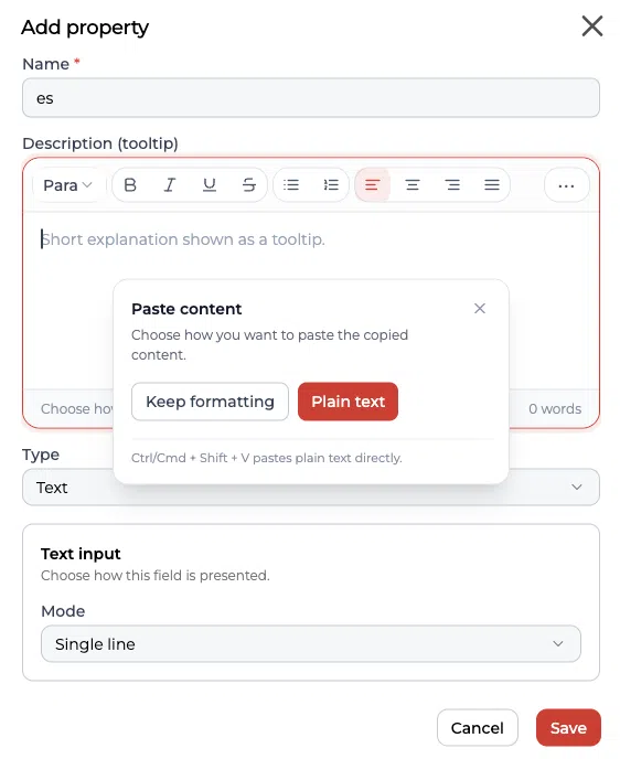 Adicionar formulário de propriedades com caixa de diálogo para colar com formatação