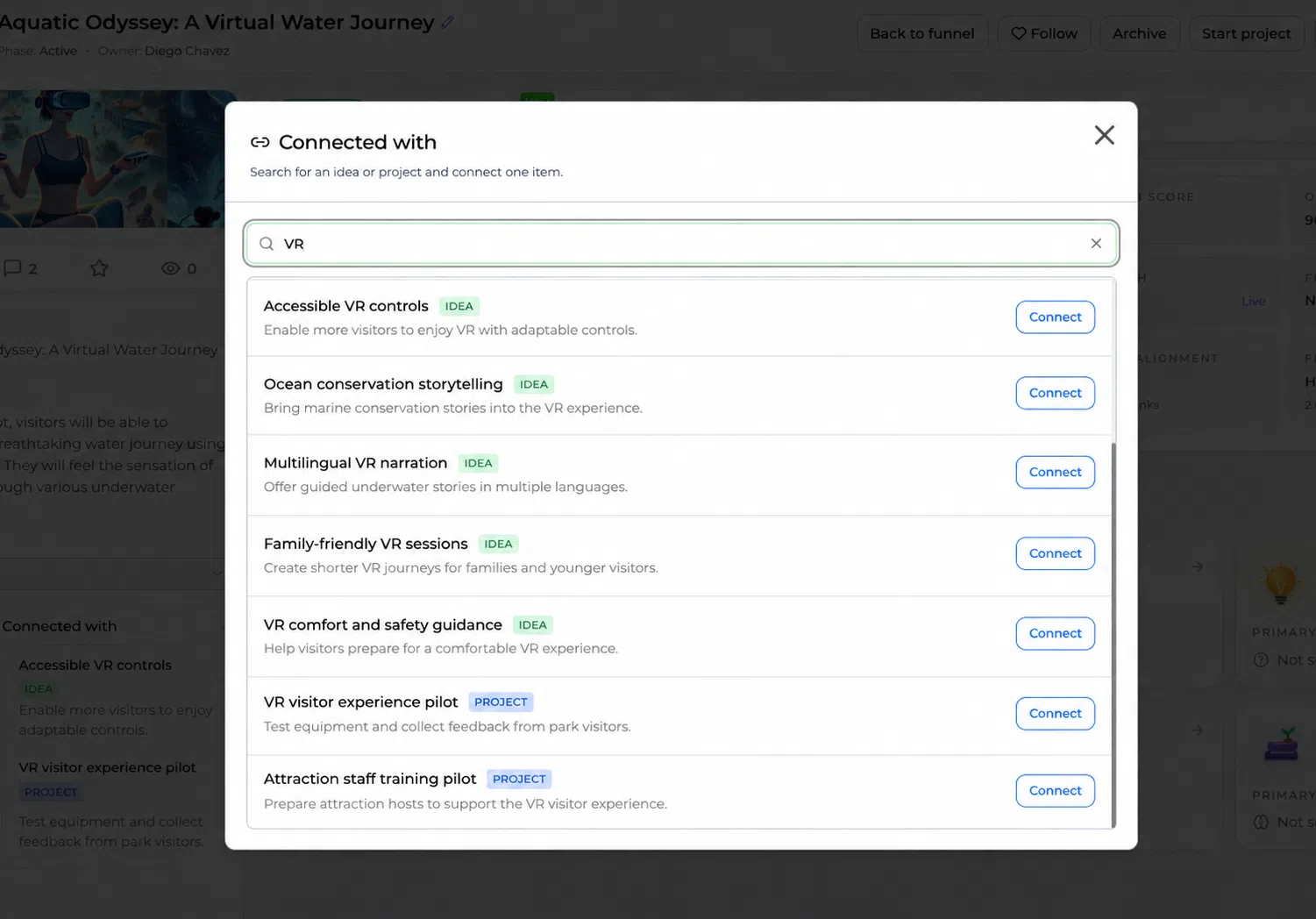 Caixa de diálogo de pesquisa com ideias, projetos e botões «Connect» individuais