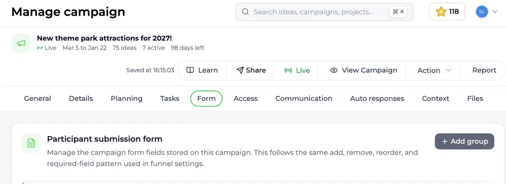 Página de definições do formulário da campanha para a campanha de uma atração de um parque temático